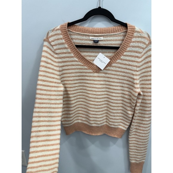 American Eagle XS Striped Cropped Sweater Peach Cream Soft Knit NWT Cozy Y2K - Picture 3 of 10